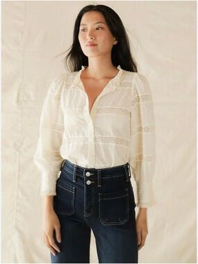 Atelette Women's Cream Lace-Trim Button Front Blouse